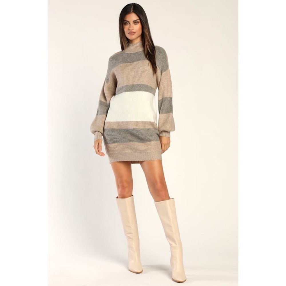 NWT Lulus Striped Mock Neck Sweater Dress Tan Grey Cream Balloon Sleeve Medium